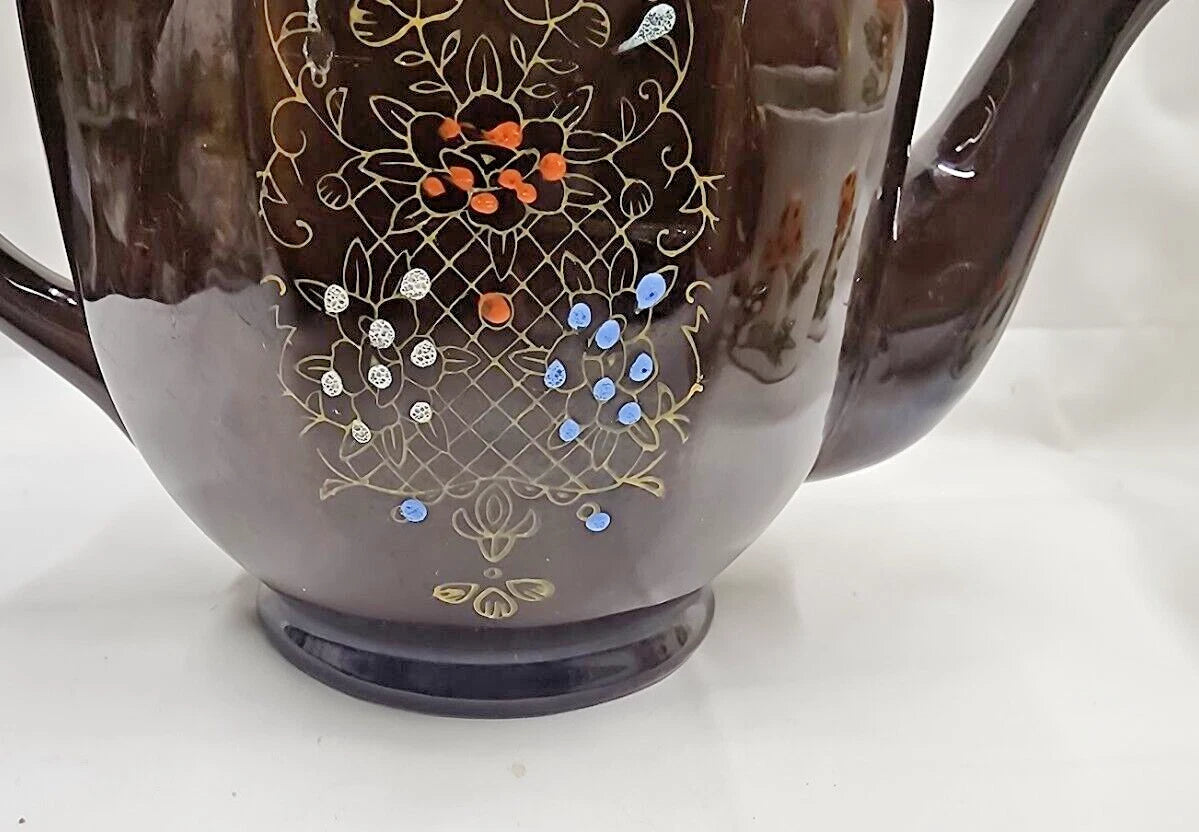 VTG Brown Betty Redware Teapot Moriage Enamel Hand Painted Made in Japan 6.5" H