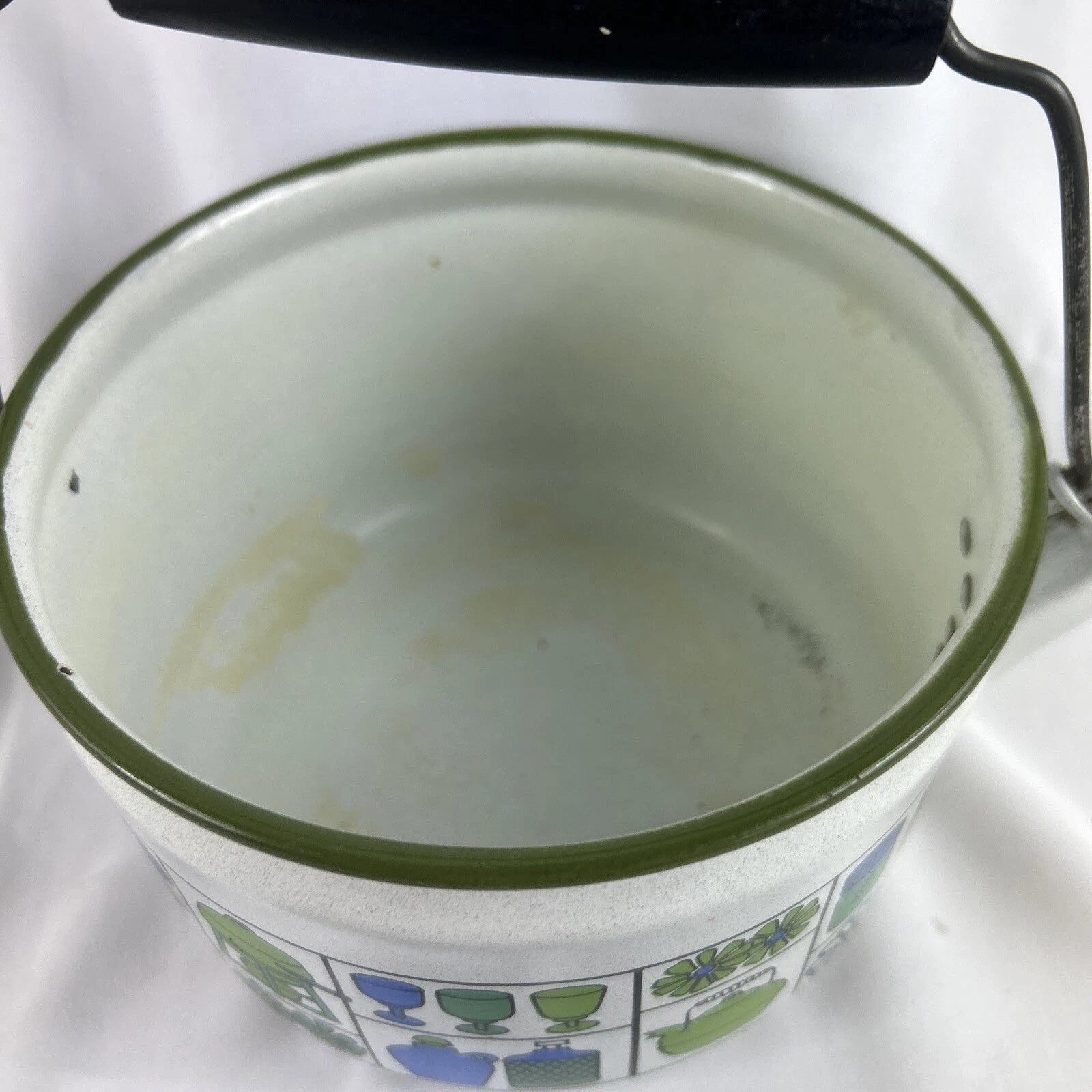 White Enamel Metal Tea Pot Kettle Wood Handle Blue Green Kitchen Retro