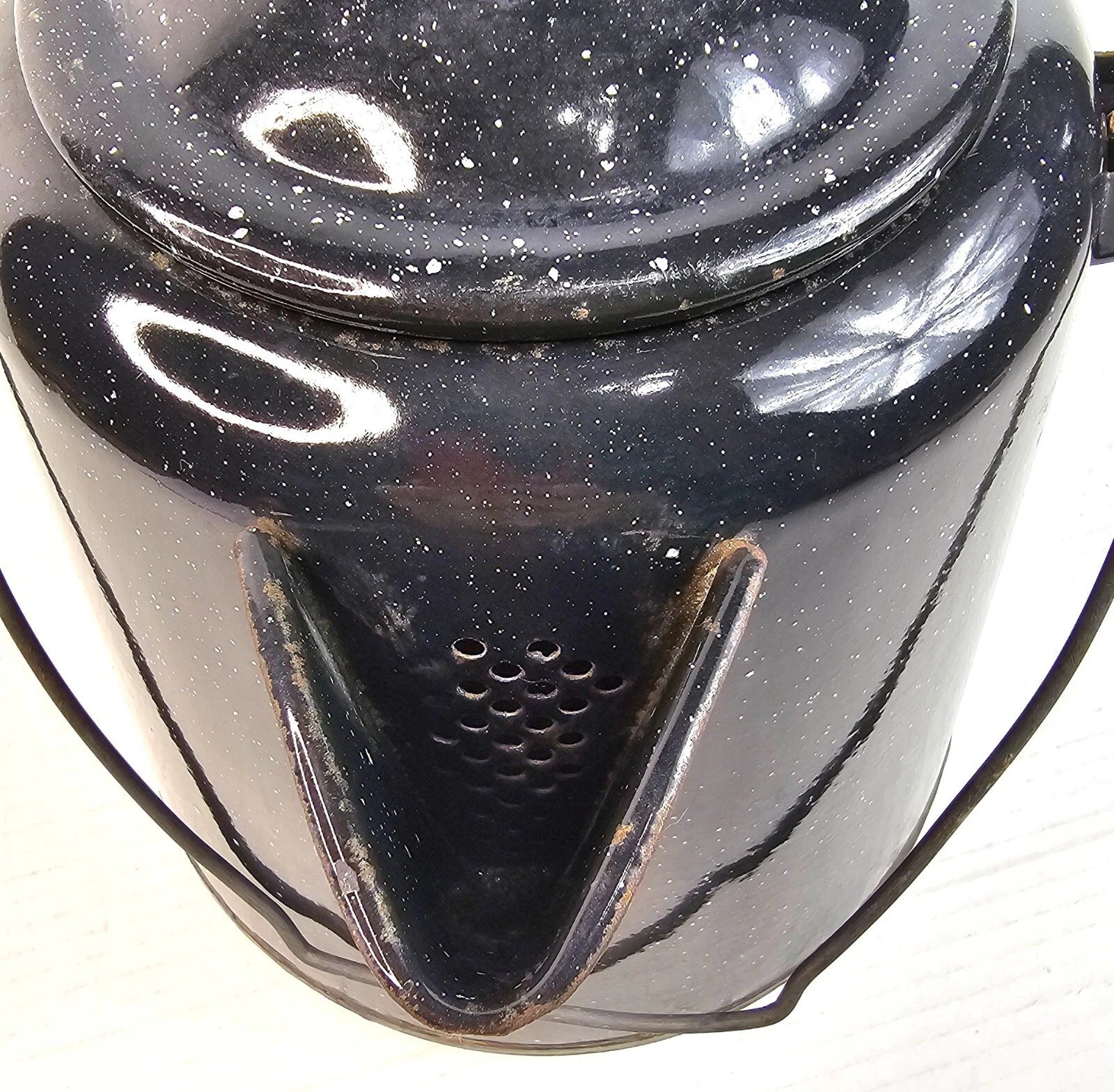 Vintage Black Enamelware Coffee Pot With Speckled Design Lid Camping Tea Kettle