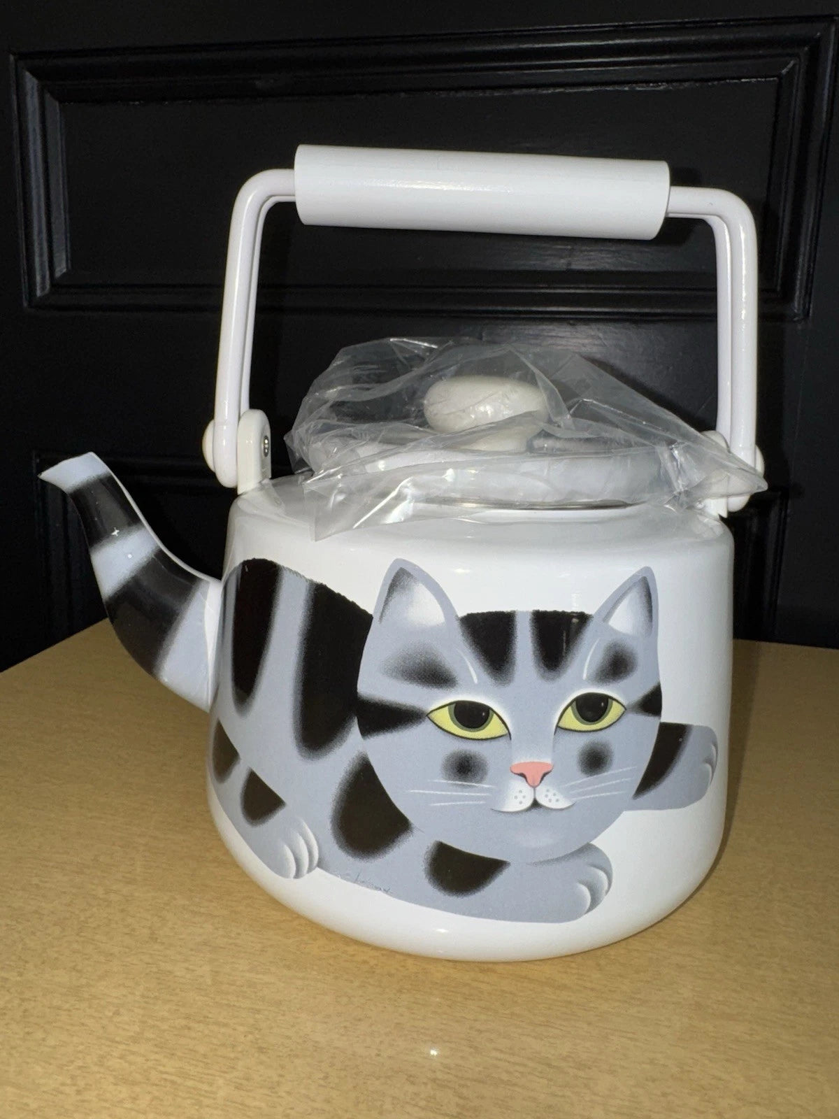 Vtg Martin Leman Cat Enamel Tea Kettle Pot Farmhouse Rustic Retro Bold Print