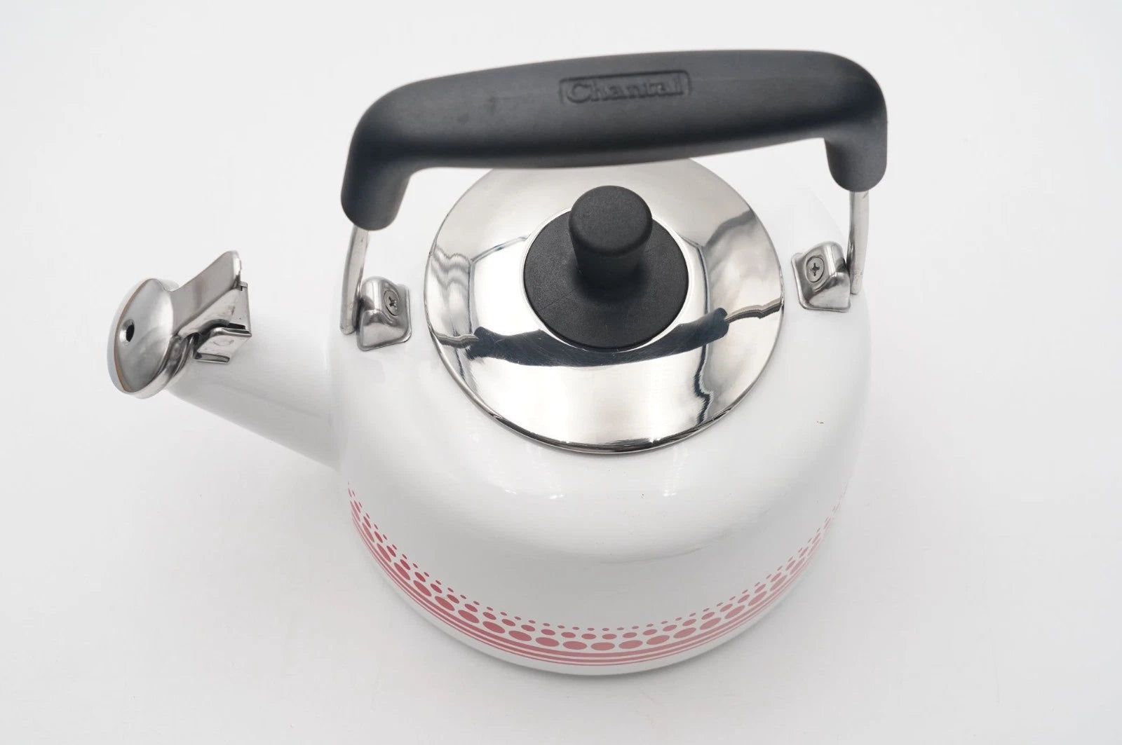 Chantal Enamel on Steel Sven Whistling Tea Kettle White Red Dot Pattern