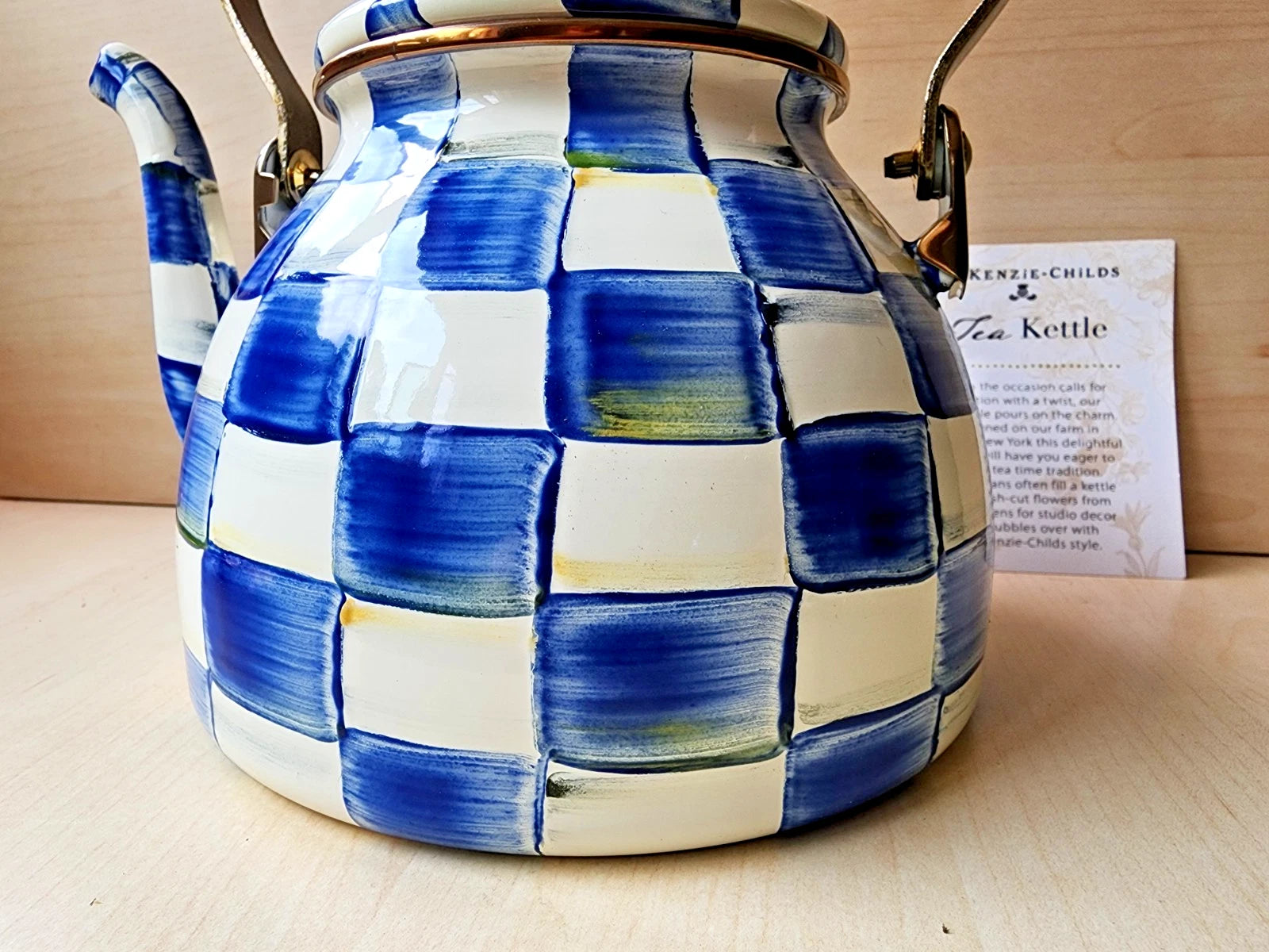 π Mackenzie Childs Blue Royal Check Enamel Tea Kettle Teapot - New