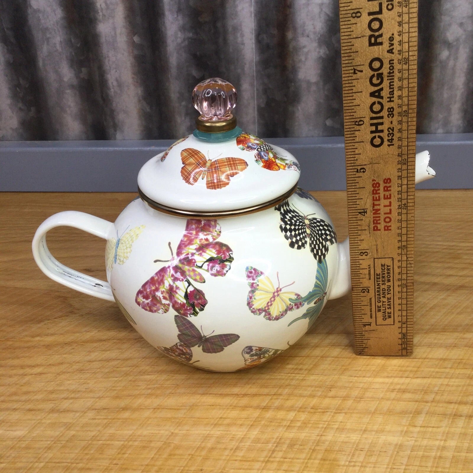 MacKenzie Childs Butterfly Garden White 4 Cup Enamel Teapot Kettle Small Retired