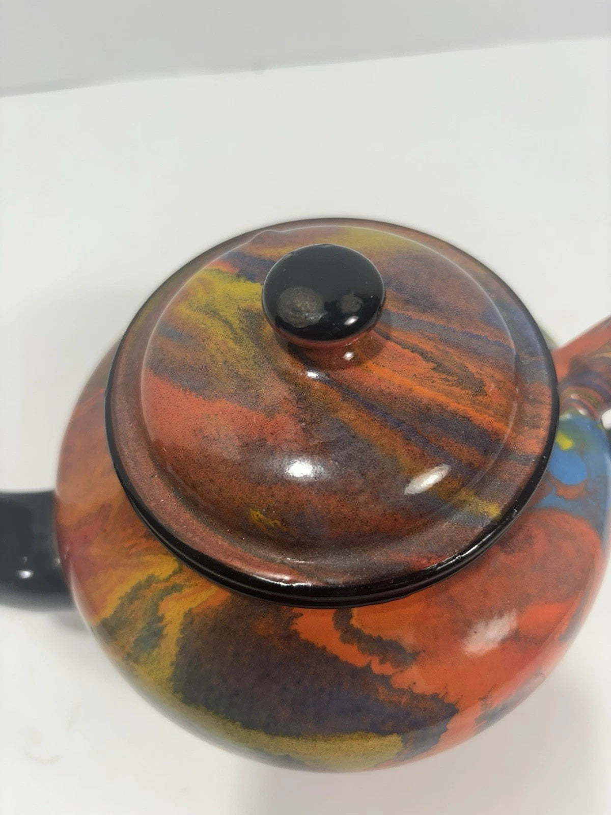 Vintage End Of Day Graniteware Enamelware Swirl Colored Teapot, Colorful Teapot