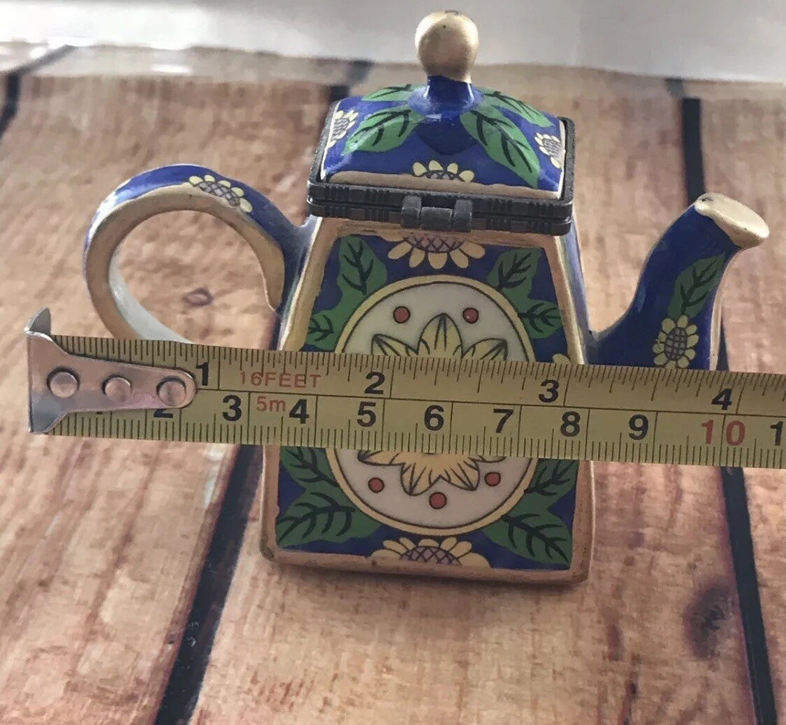Miniature enamel teapot Sunface Yellow Sunflowers Porcelain 3.25H