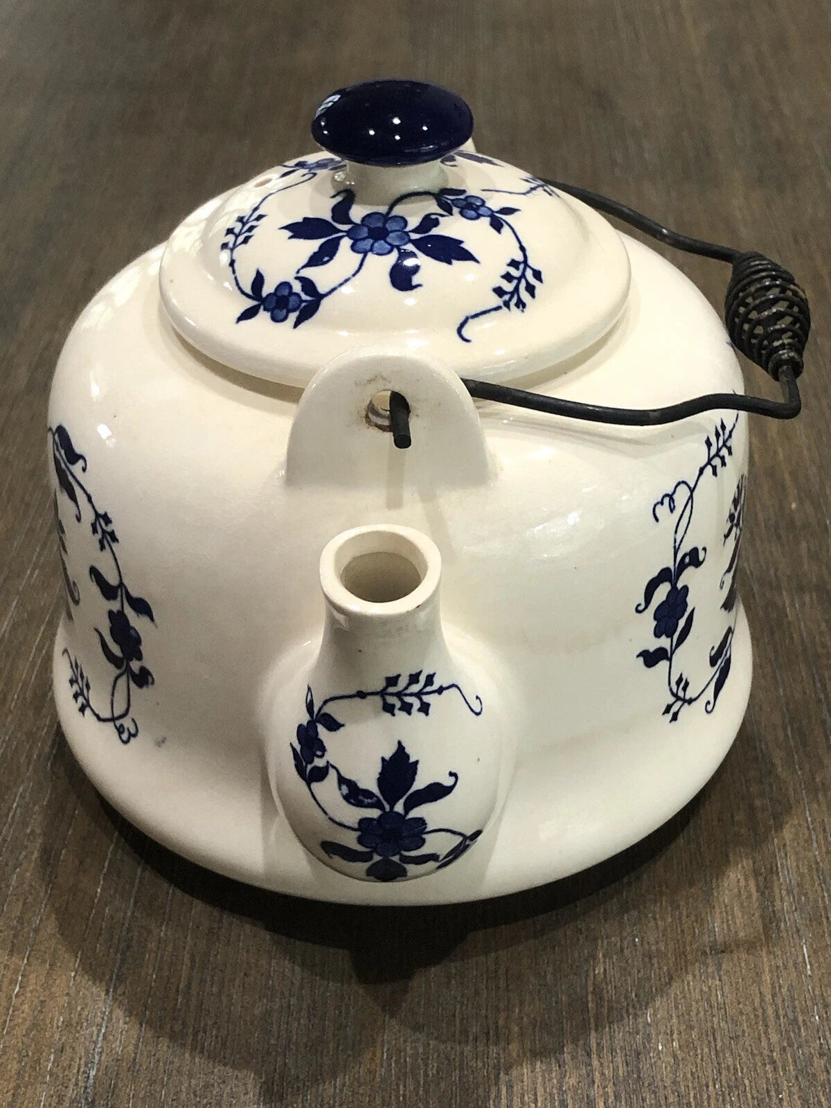 Vntg Japan Blue Onion Porcelain Enamel Ware Teakettle W/Wire Metal HandleVGUC