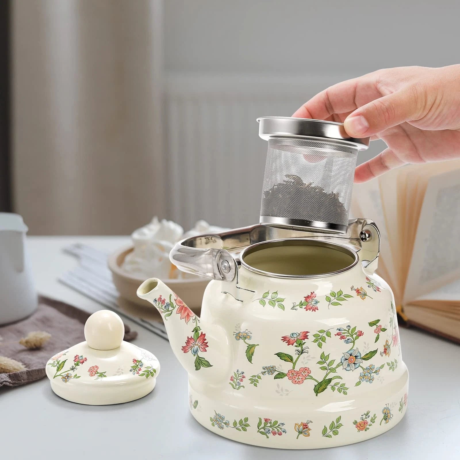 1.8 Quart Vintage Enamel Stovetop Tea Kettle, Retro Green Floral Enamel on St...