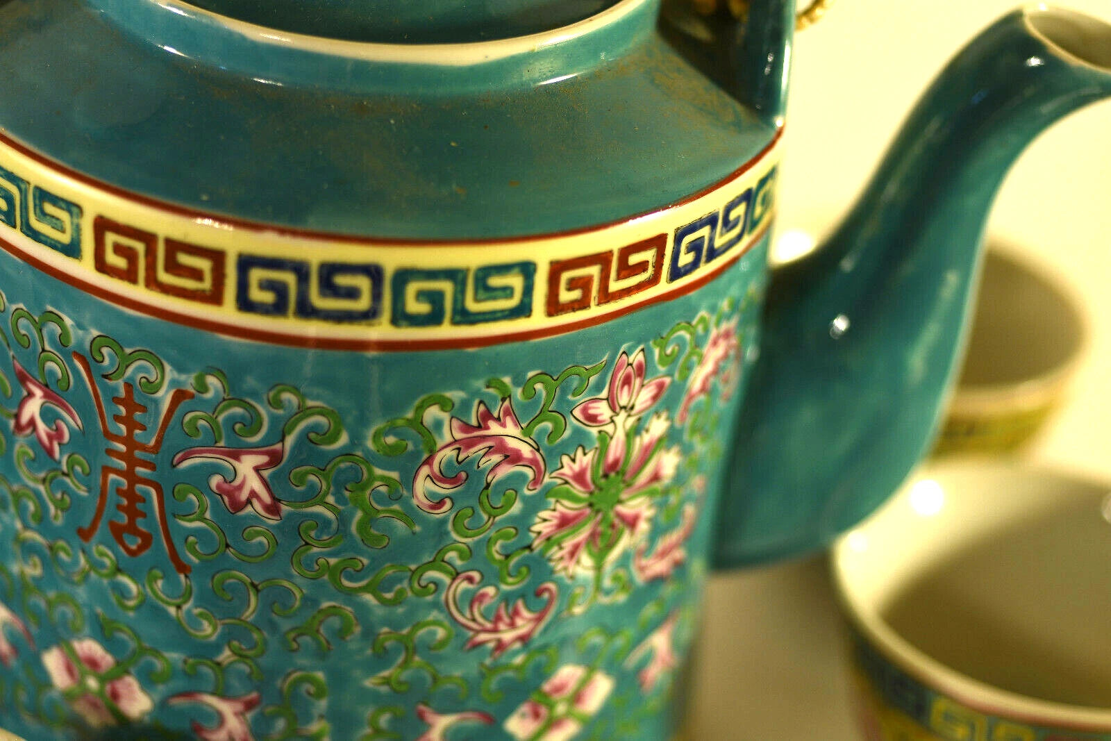 Antique Porcelain Teaset: Famille Rose Lotus: Enameled : Teal : China : 1975