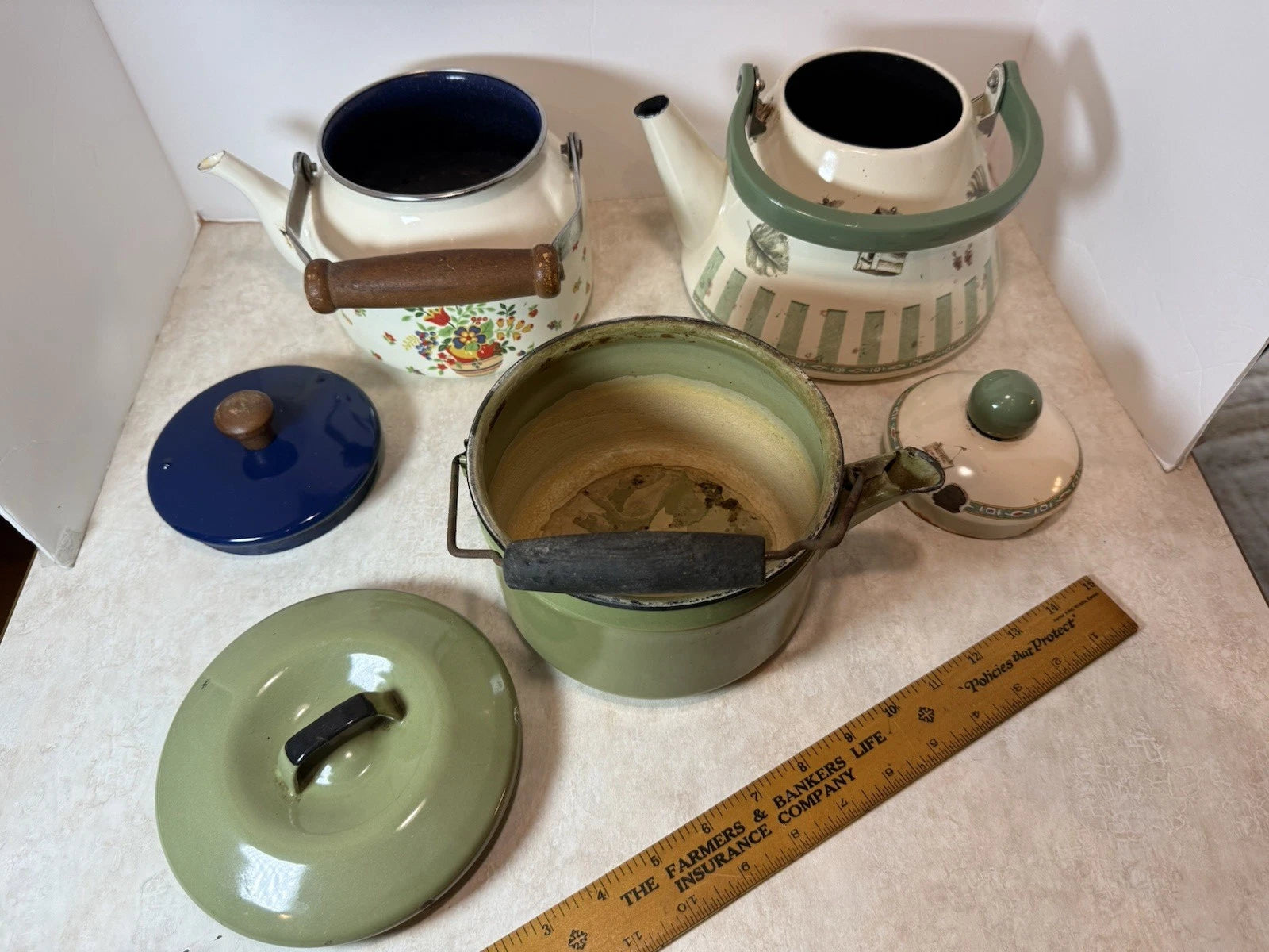 Lot of 3 Vintage MCM Retro Enamelware  Tea Kettle Pots