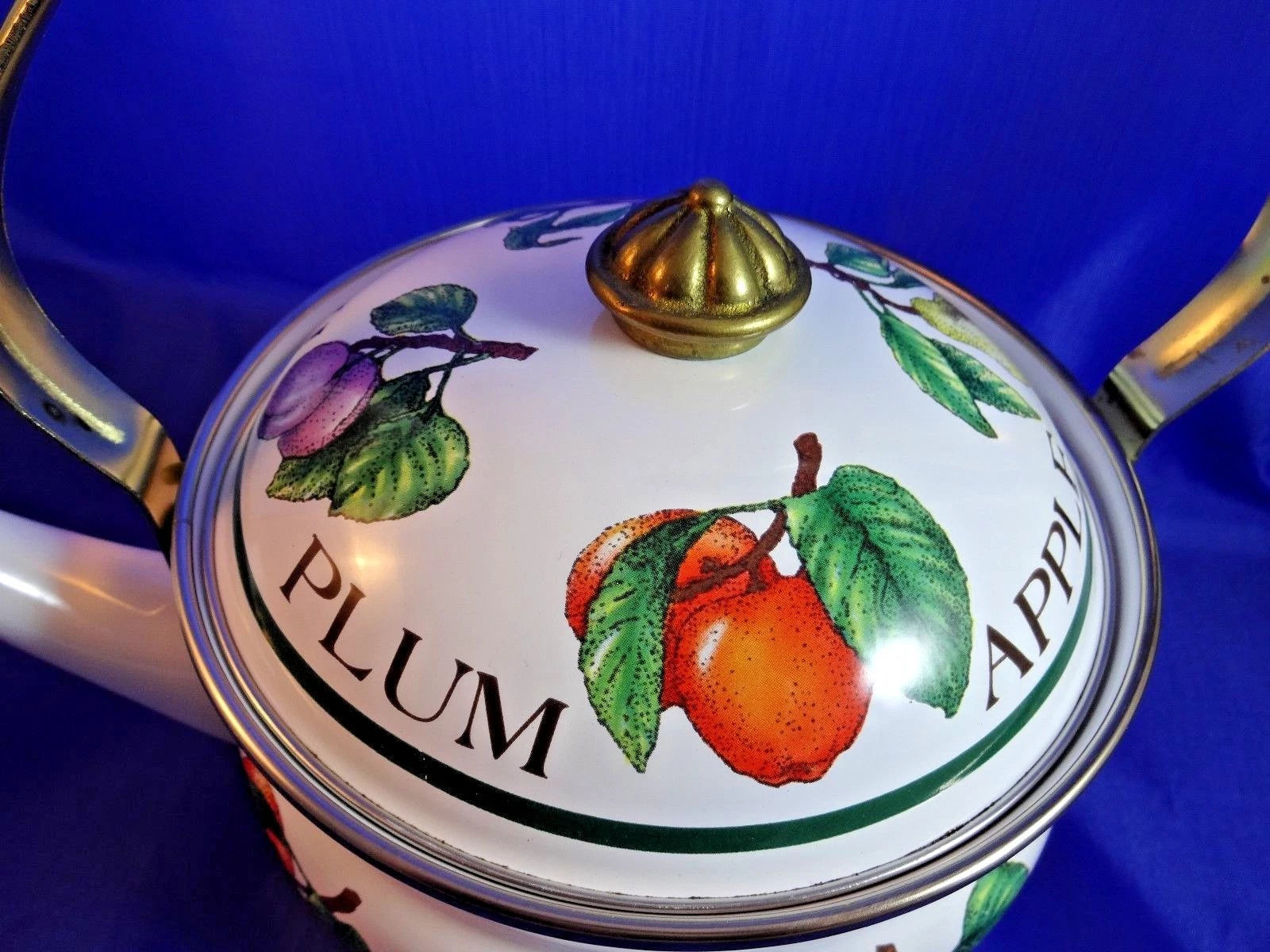 Vintage Enamel Fruit Decorated Tea Kettle Tea Pot Plum Apple Peach Pear