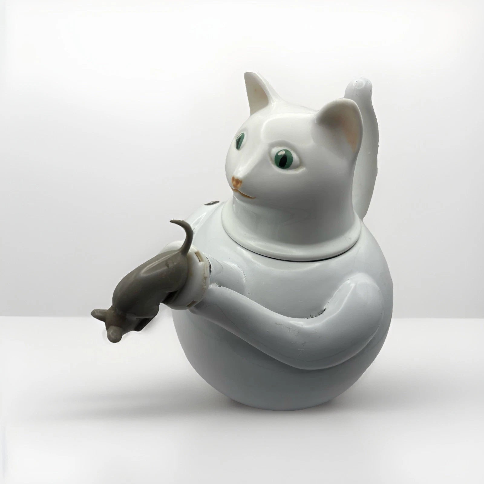 White Cat and Gray Mouse Enamelware Tea Kettle Cute Decoration Vintage