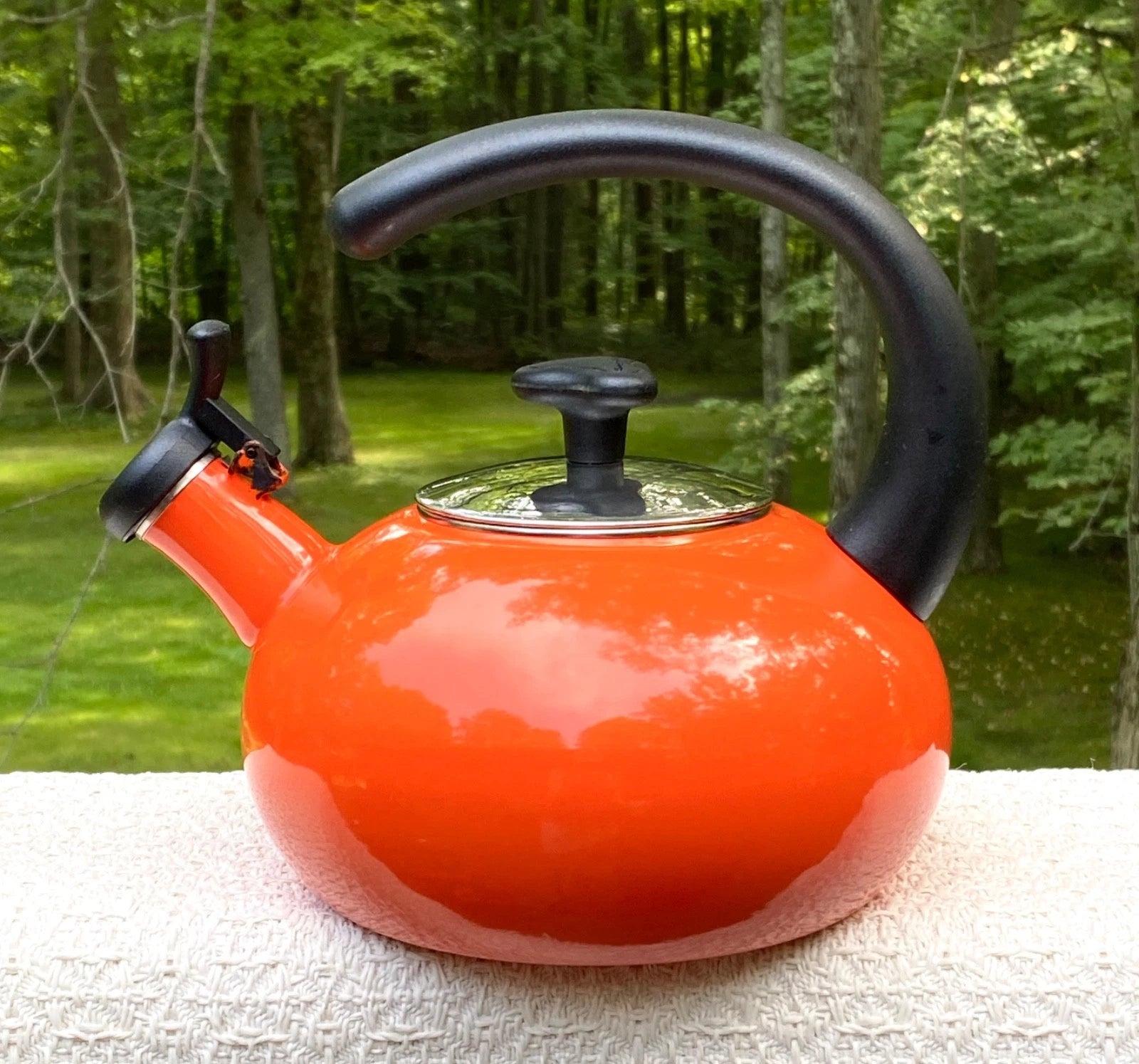 Rachael Ray Orange Enamel Whistling Tea Kettle 1.5 Quart Large Top Handle