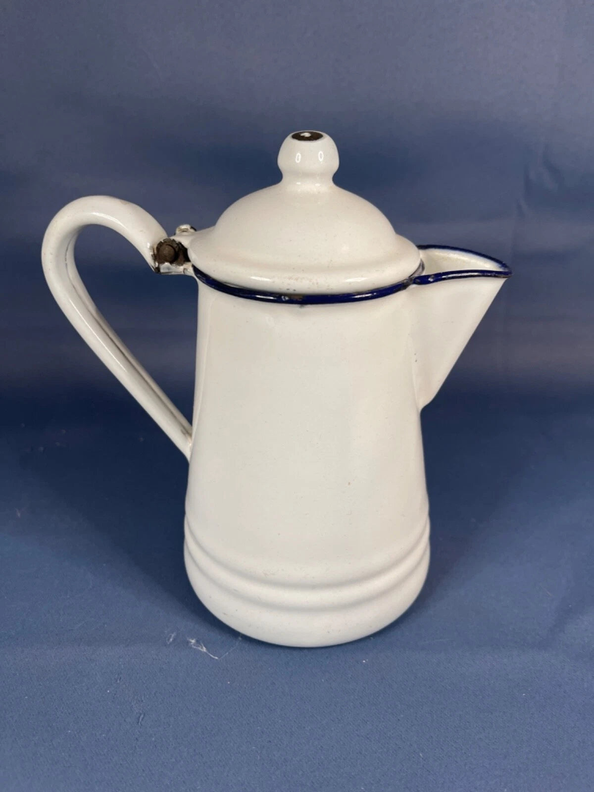 Enamelware Small 6 1/2" Coffee / Tea Pot White/Black Trim. RARE Find! 4736