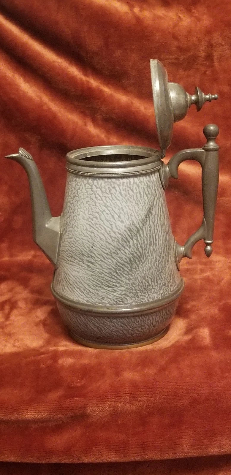 Early (1890 - 1905) Pewter-Trimmed Grey Graniteware Teapot - Enamel Ware Antique