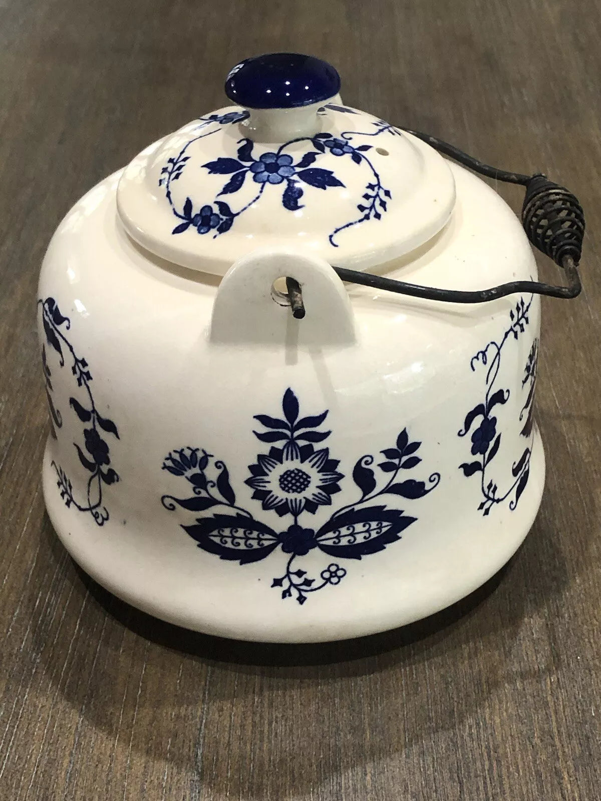 Vntg Japan Blue Onion Porcelain Enamel Ware Teakettle W/Wire Metal HandleVGUC