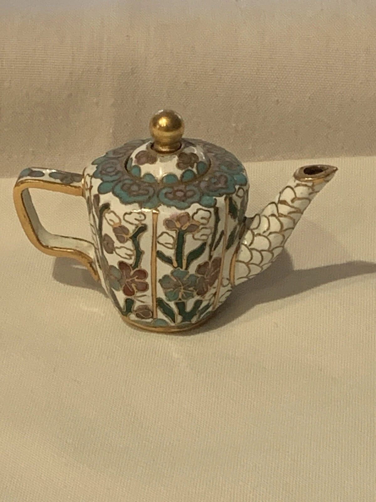 Miniature Floral Enamel Cloisonné Teapot Blue/Mauve/White Florals