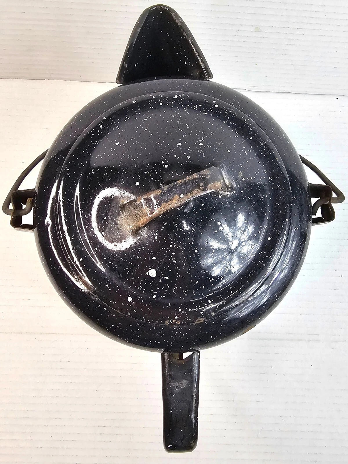 Vintage Black Enamelware Coffee Pot With Speckled Design Lid Camping Tea Kettle