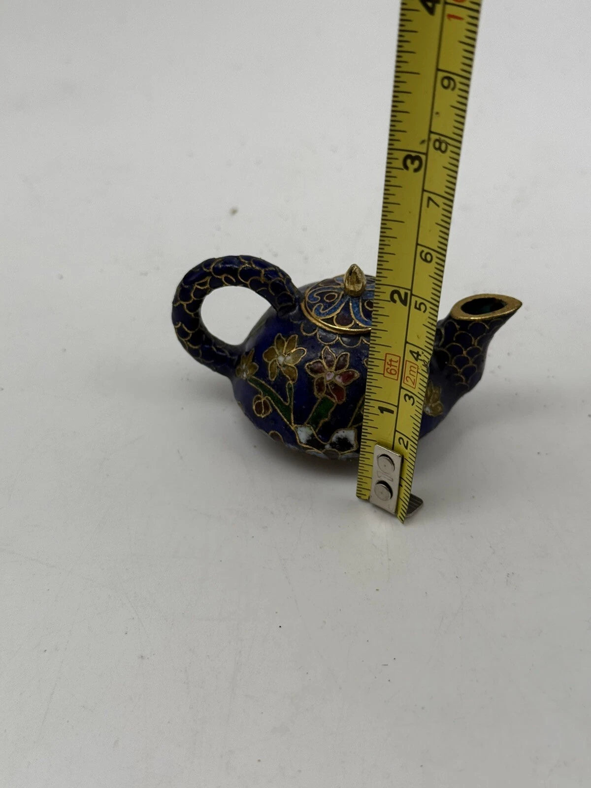 Mini Chinese Cloisonné Enameled Floral Glaze Cobalt Blue Teapot 2.75" L  1.5" H