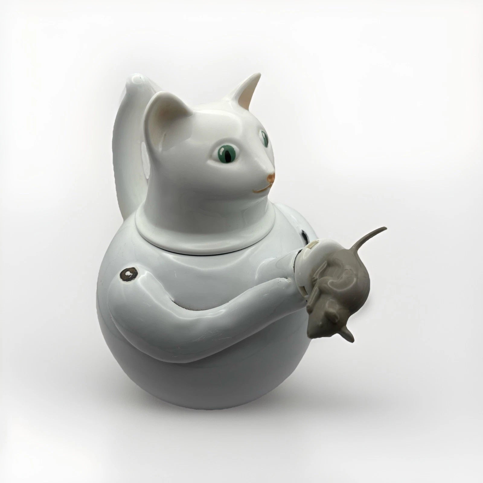 White Cat and Gray Mouse Enamelware Tea Kettle Cute Decoration Vintage