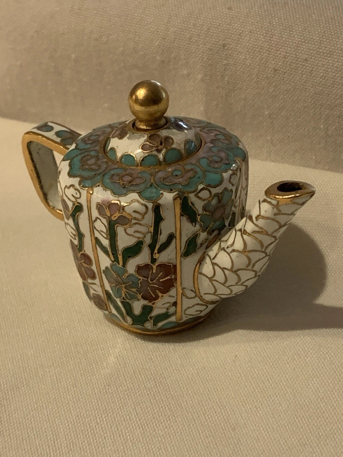 Miniature Floral Enamel Cloisonné Teapot Blue/Mauve/White Florals