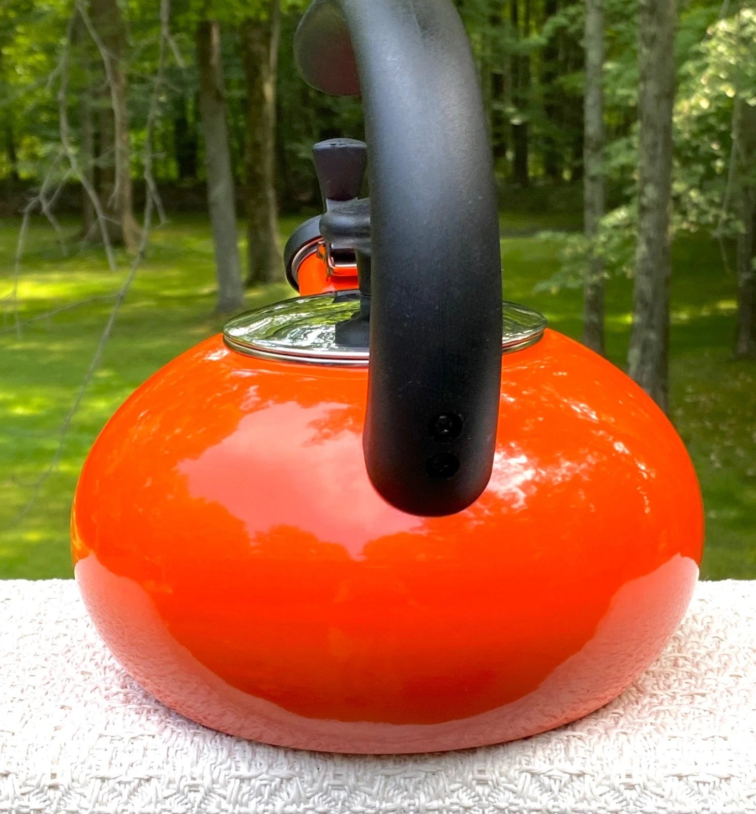 Rachael Ray Orange Enamel Whistling Tea Kettle 1.5 Quart Large Top Handle