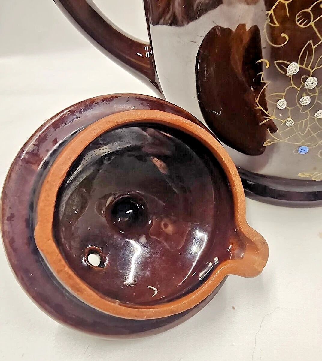 VTG Brown Betty Redware Teapot Moriage Enamel Hand Painted Made in Japan 6.5" H