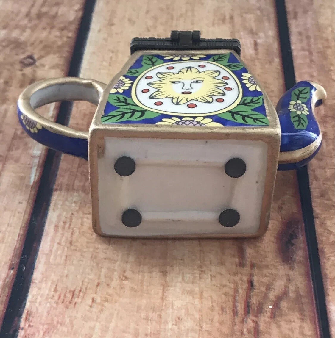 Miniature enamel teapot Sunface Yellow Sunflowers Porcelain 3.25H