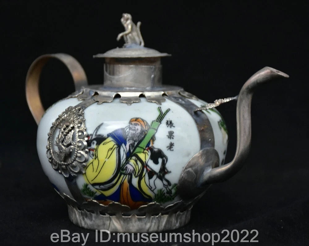6" Old Chinese Copper Enamel Porcelain Dynasty Beauty Belle Teapot Kettle Statue