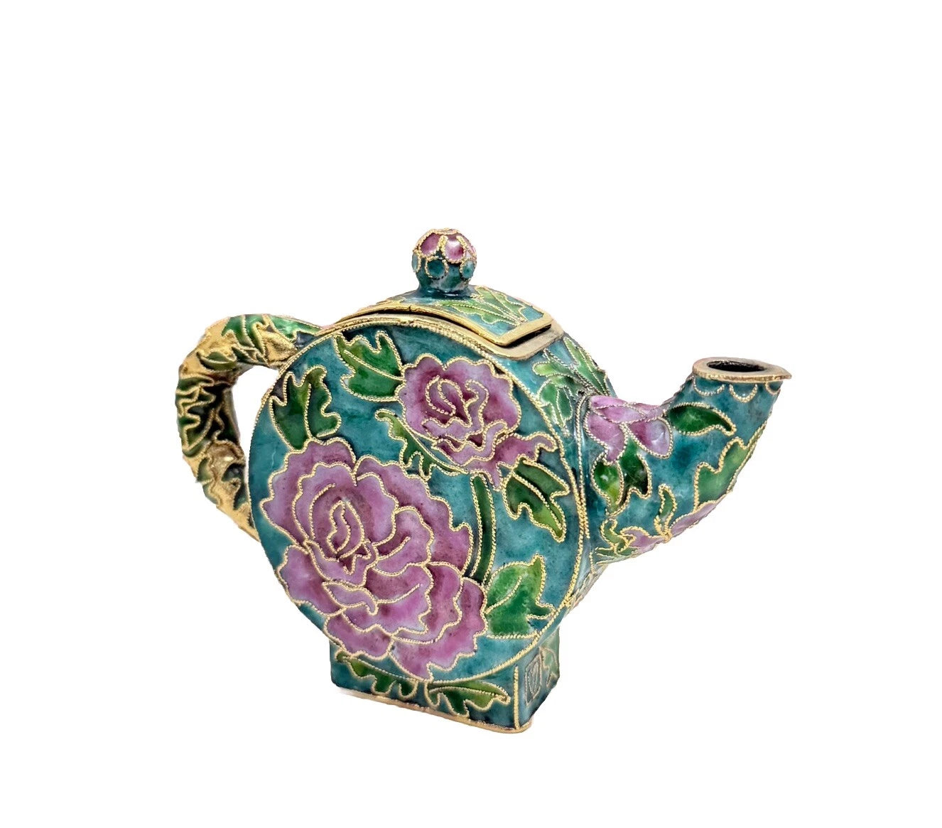 Vintage Teapot Round Metal Enamel Cloisonne Mini Teapot Turquoise Nyco 3.5" New