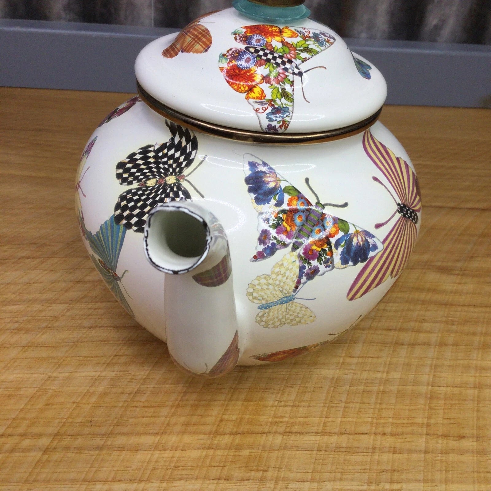 MacKenzie Childs Butterfly Garden White 4 Cup Enamel Teapot Kettle Small Retired
