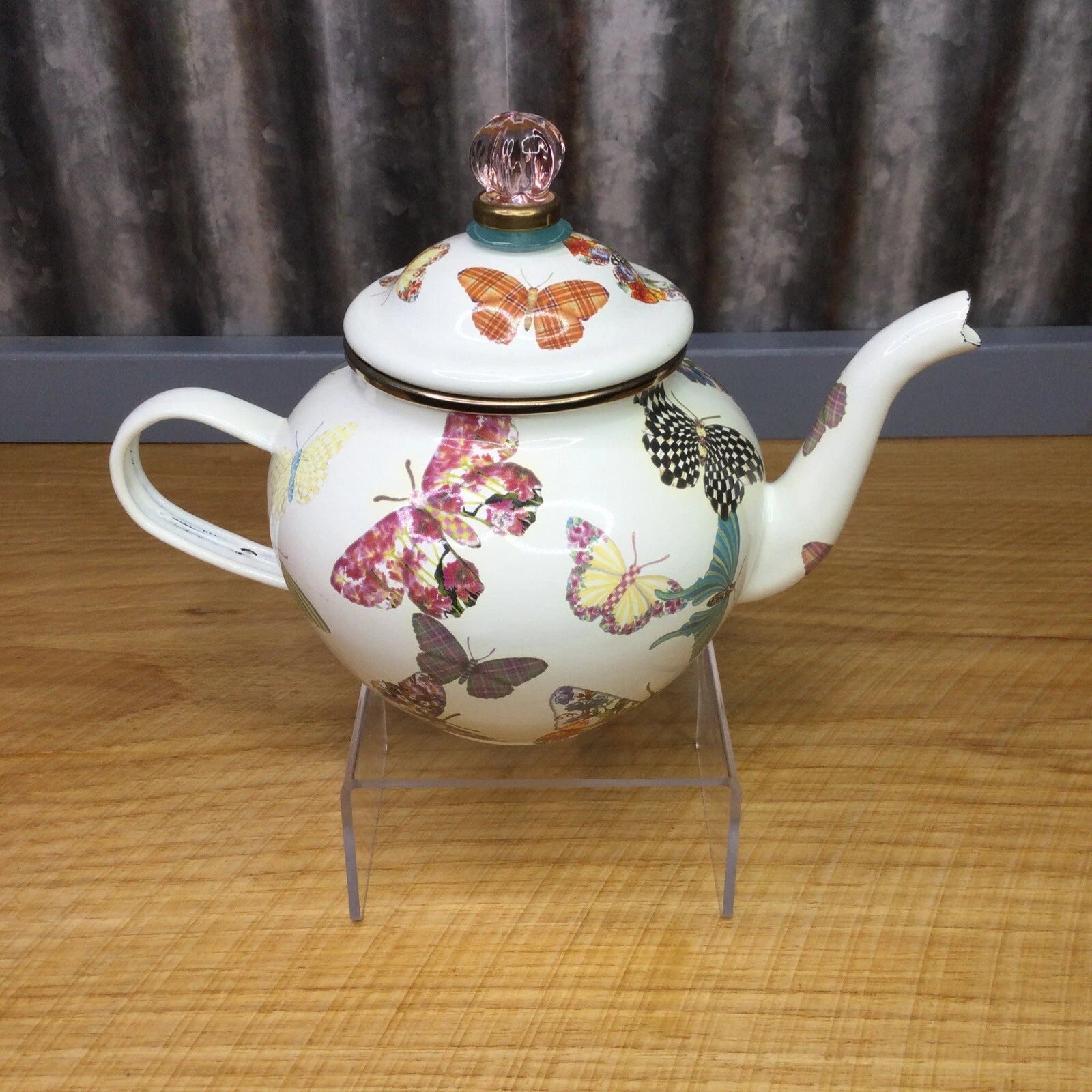 MacKenzie Childs Butterfly Garden White 4 Cup Enamel Teapot Kettle Small Retired