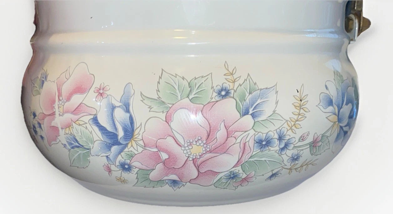 Vintage Pfaltzgraff Tea Rose Enamelware Kettle w/Lid - Black Handle - Some Rust