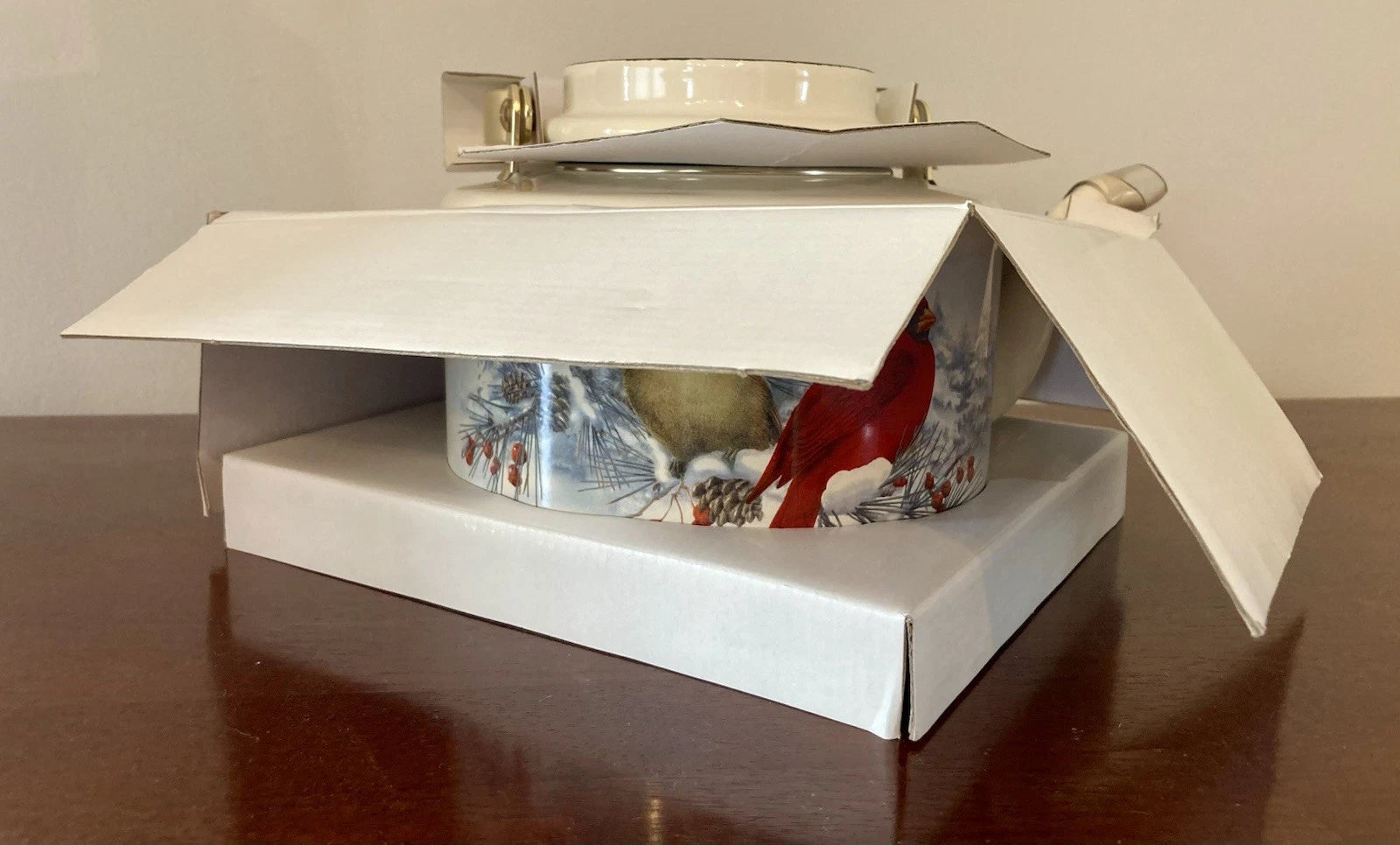 Lenox Winter Greetings Scenic Tea Kettle Enamel Cardinals NEW IN BOX!