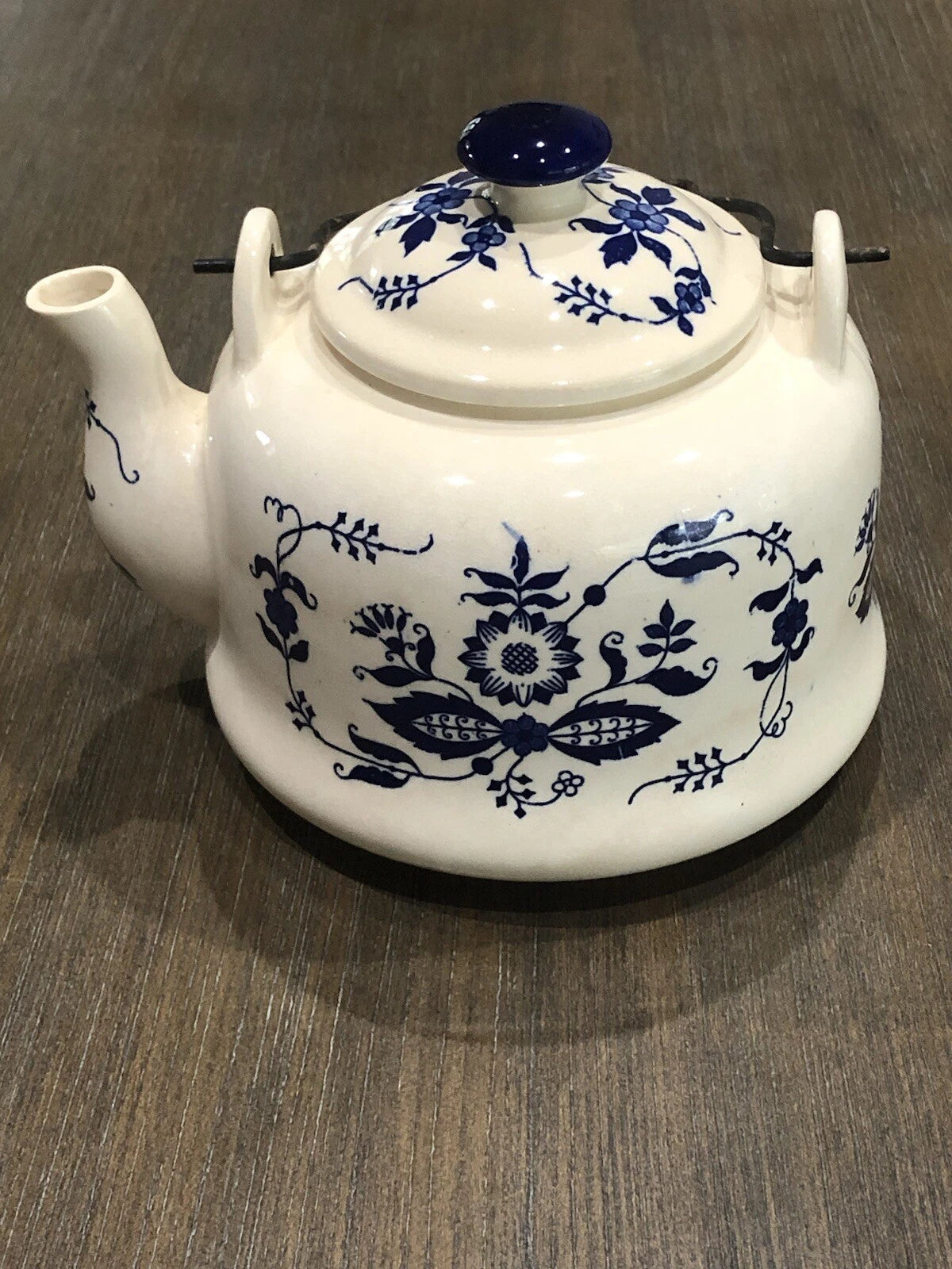 Vntg Japan Blue Onion Porcelain Enamel Ware Teakettle W/Wire Metal HandleVGUC