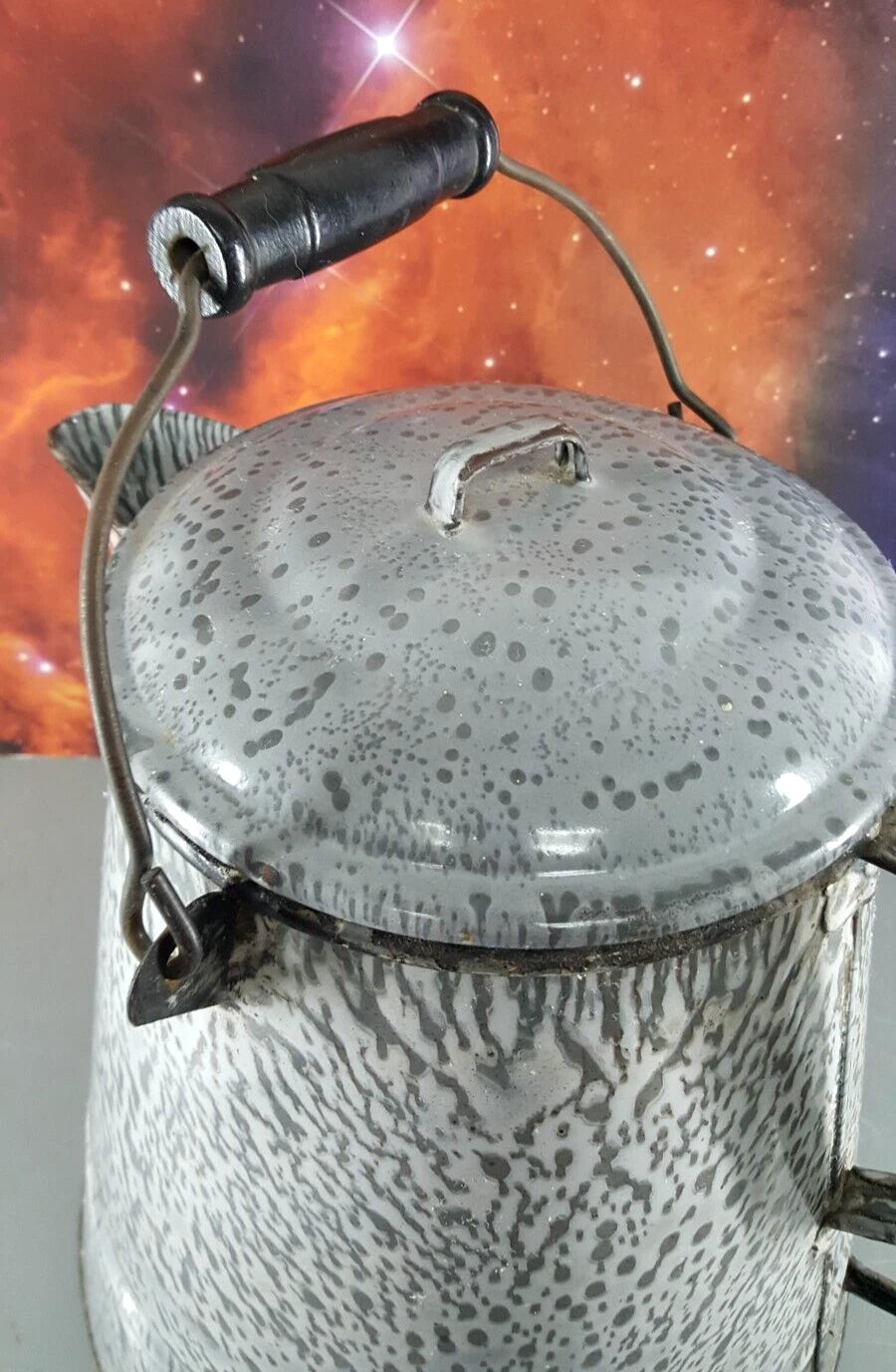 GRAY ENAMELWARE 11" COFFEE POT TEA KETTLE w/LID HANDLE FARMHOUSE CAMPING ANTIQUE