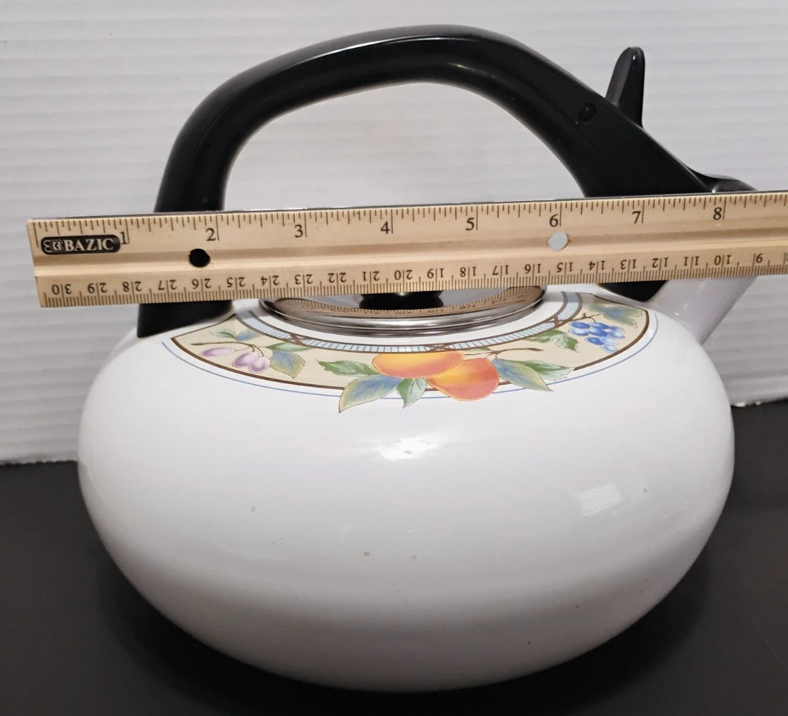 Vintage MIKASA Garden Harvest 2.5qt Whistling Tea Kettle Pot Stovetop Enamelware