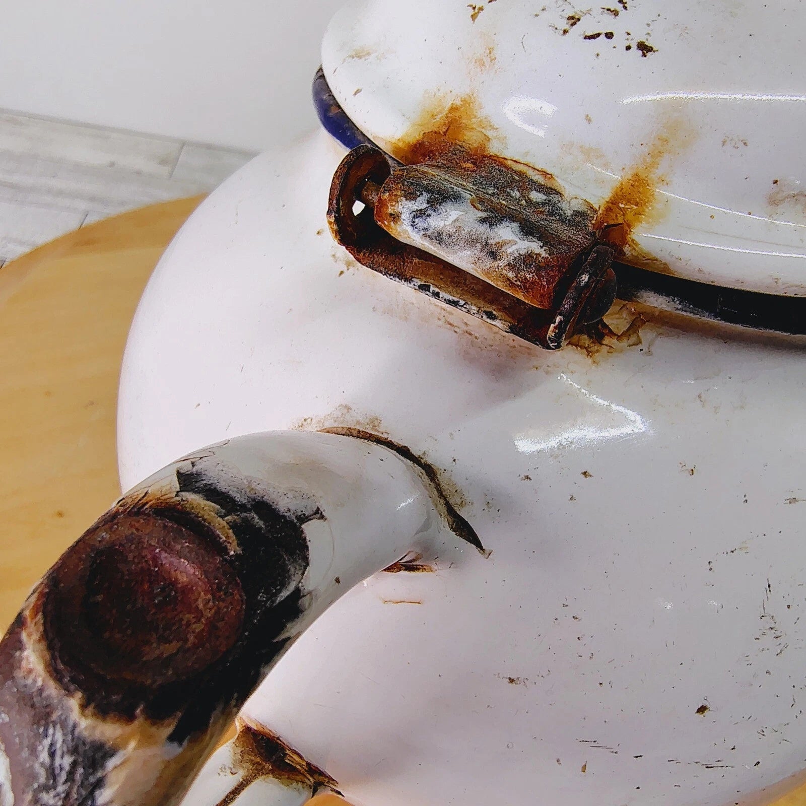 Vtg Enamelware Teapot Kettle Farmhouse Decor Rustic Kitchen White Primitive