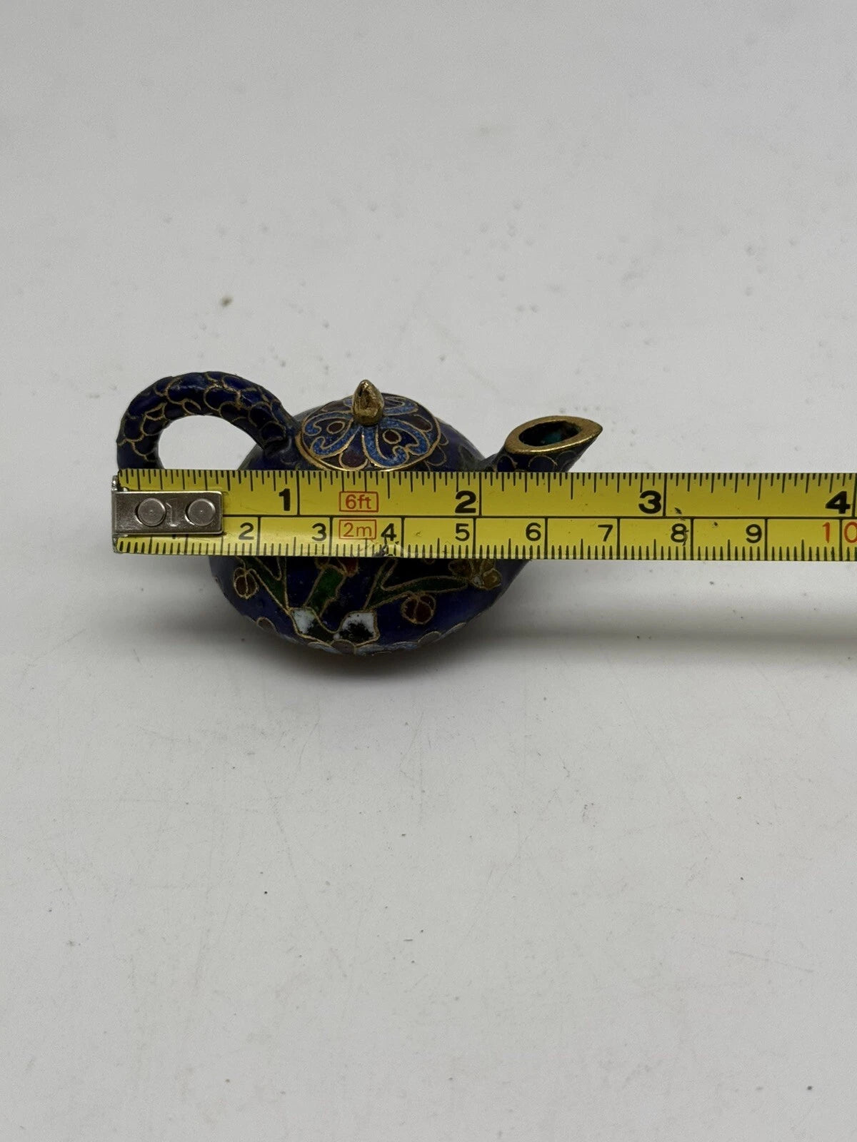 Mini Chinese Cloisonné Enameled Floral Glaze Cobalt Blue Teapot 2.75" L  1.5" H