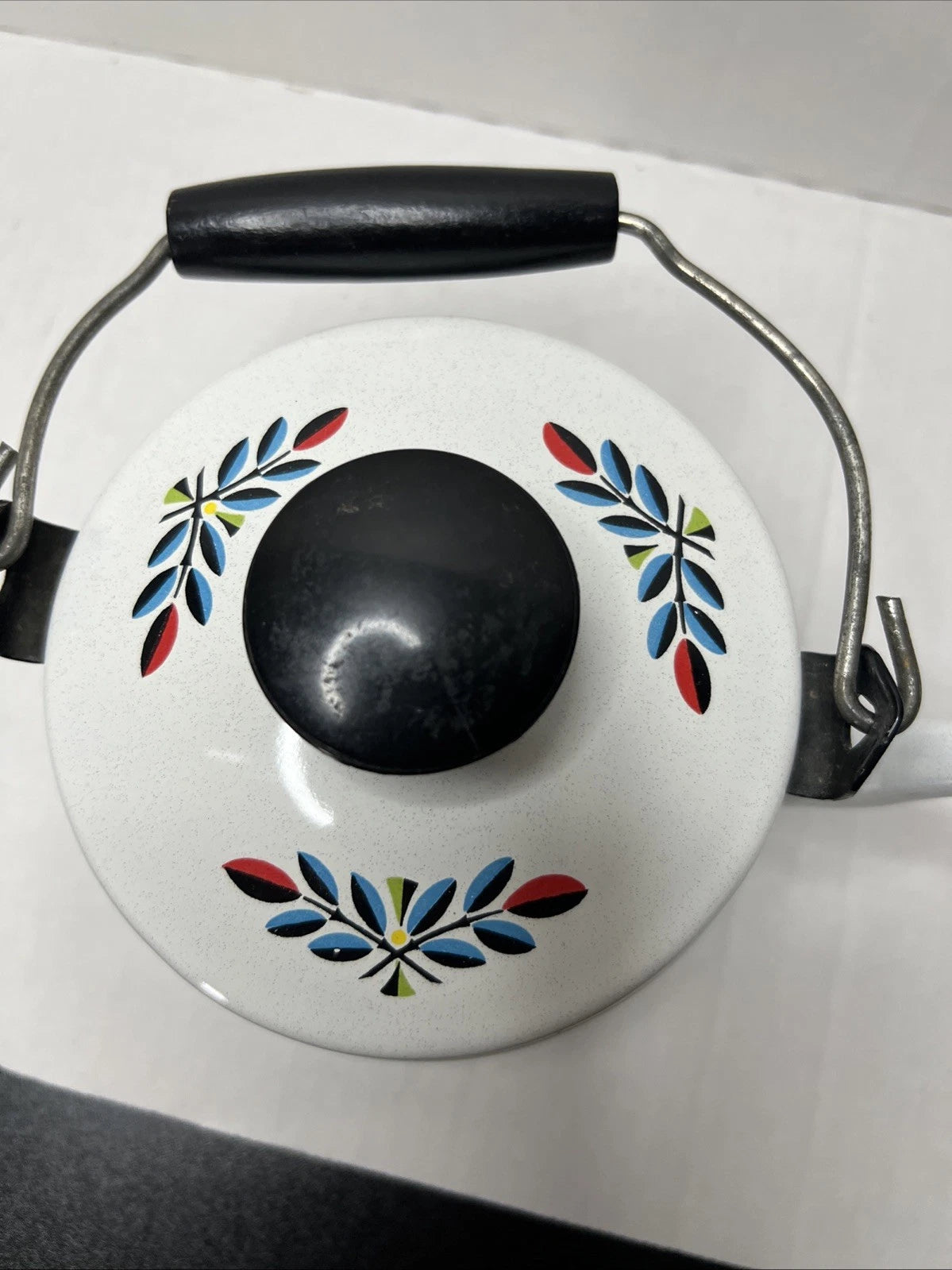 Swedish Berggren Enamel Kettle Teapot Scandinavian Folk Art Fruit W Lid Handle