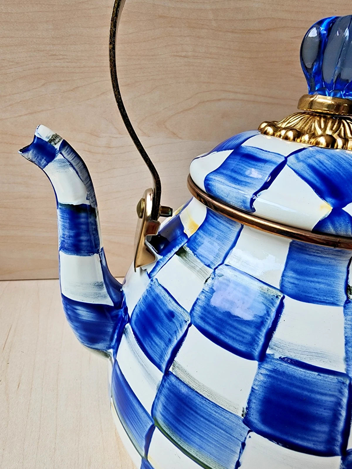 π Mackenzie Childs Blue Royal Check Enamel Tea Kettle Teapot - New