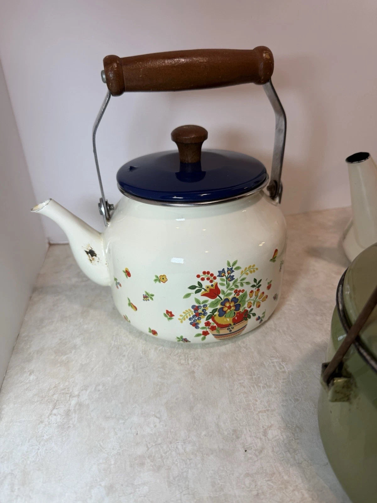 Lot of 3 Vintage MCM Retro Enamelware  Tea Kettle Pots