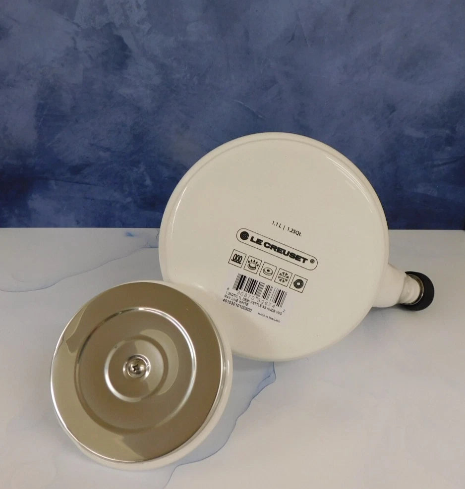 Le Creuset Enamel on Steel 1.25 Quart Demi Tea Kettle, White- New