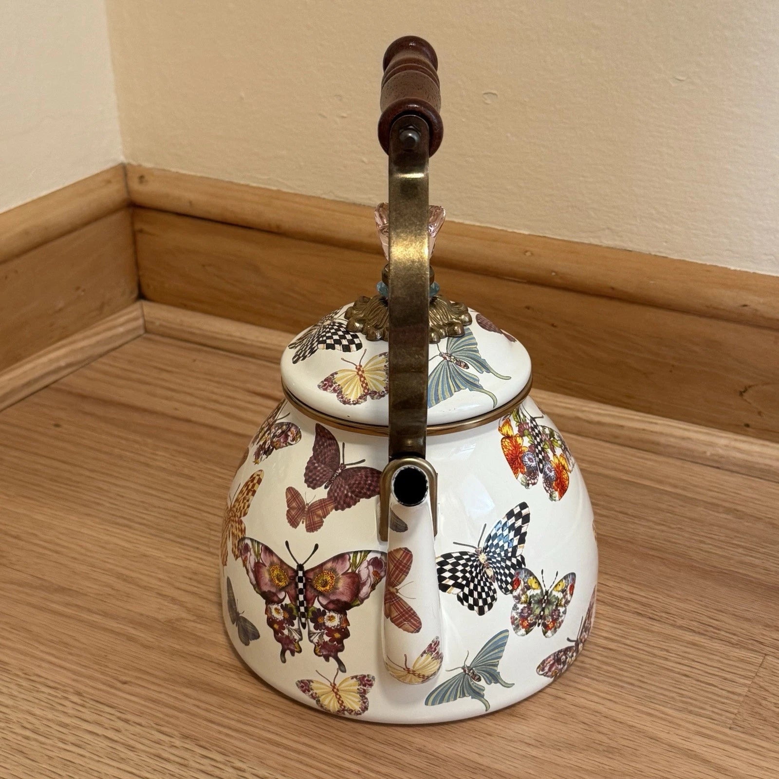 MacKenzie Childs Butterfly Garden Courtly Check 3 qt Enamel Teapot Tea Kettle