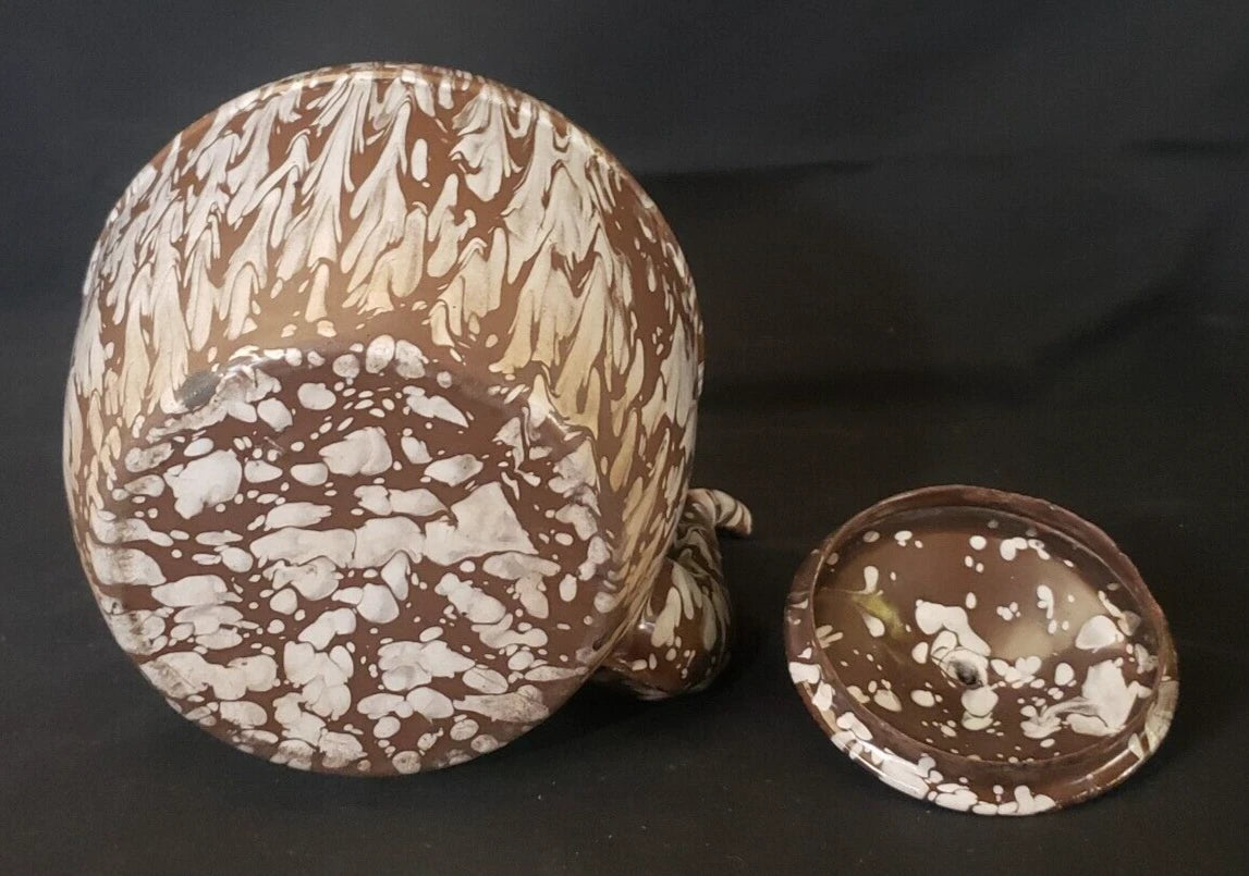 Rare Vintage Enameled Ware Brown / White Mottled Pattern Teapot