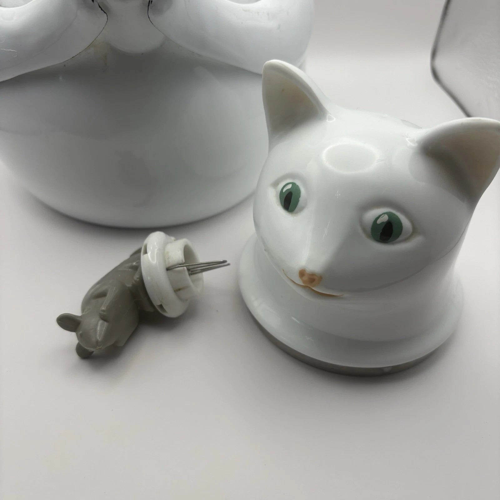White Cat and Gray Mouse Enamelware Tea Kettle Cute Decoration Vintage
