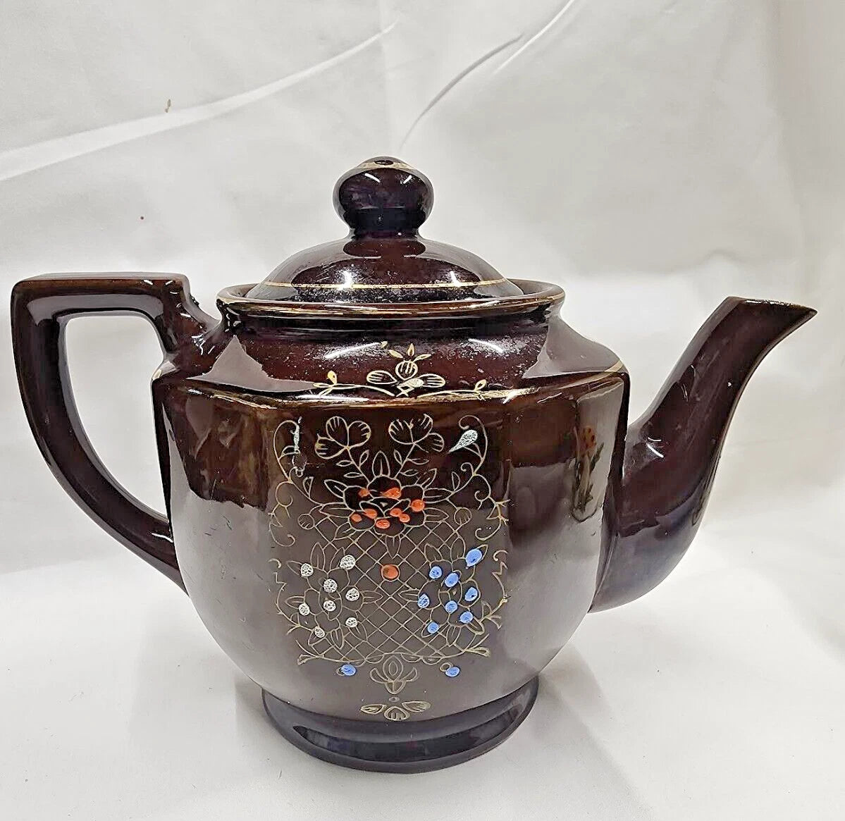 VTG Brown Betty Redware Teapot Moriage Enamel Hand Painted Made in Japan 6.5" H