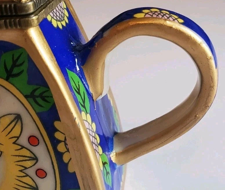 Minature Porcelain Sunflowers Blue, Yellow & Green Teapot "Friendship Trinket"