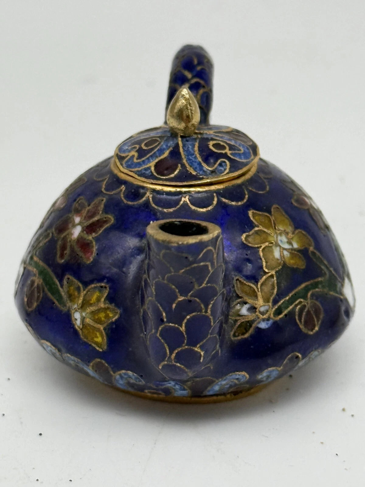 Mini Chinese Cloisonné Enameled Floral Glaze Cobalt Blue Teapot 2.75" L  1.5" H