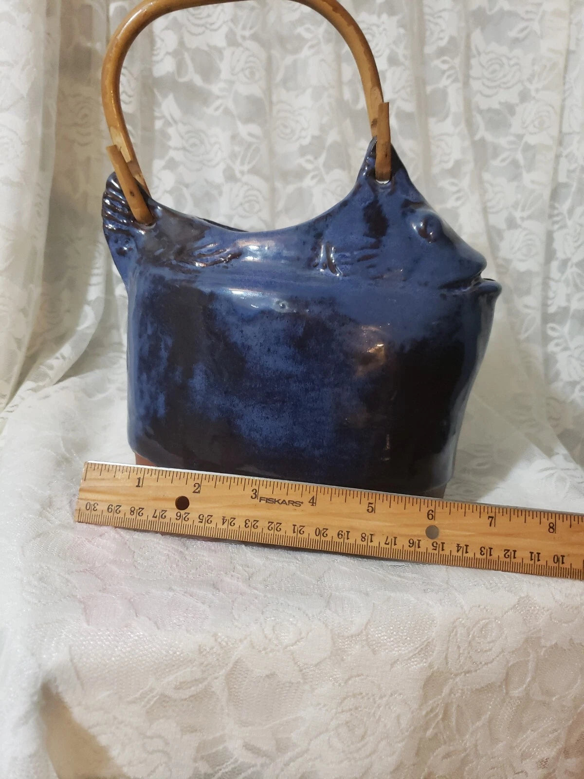 RARE VINTAGE SIGNED THORA OVENWARE BLUE FISH TEAPOT ENAMEL GLAZED TERRA COTTA