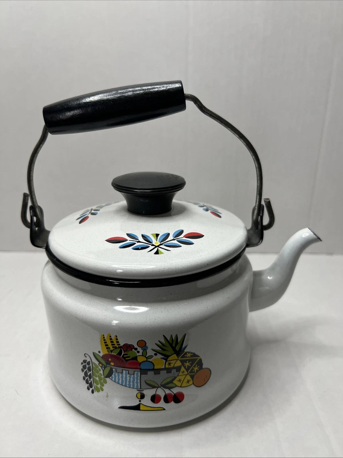 Swedish Berggren Enamel Kettle Teapot Scandinavian Folk Art Fruit W Lid Handle
